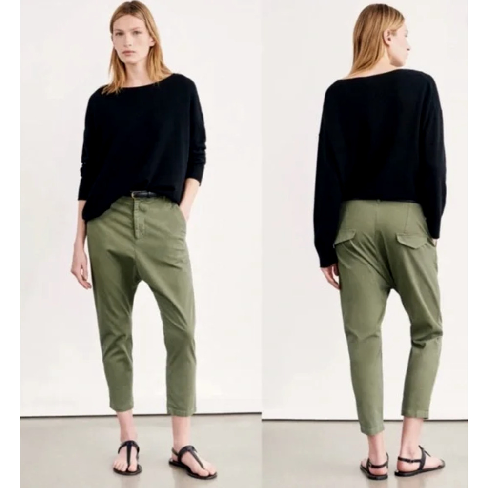 Nili Lotan 2 Paris Pants Cotton Drop Crotch $345 Cropped Camo Army Green Slouchy